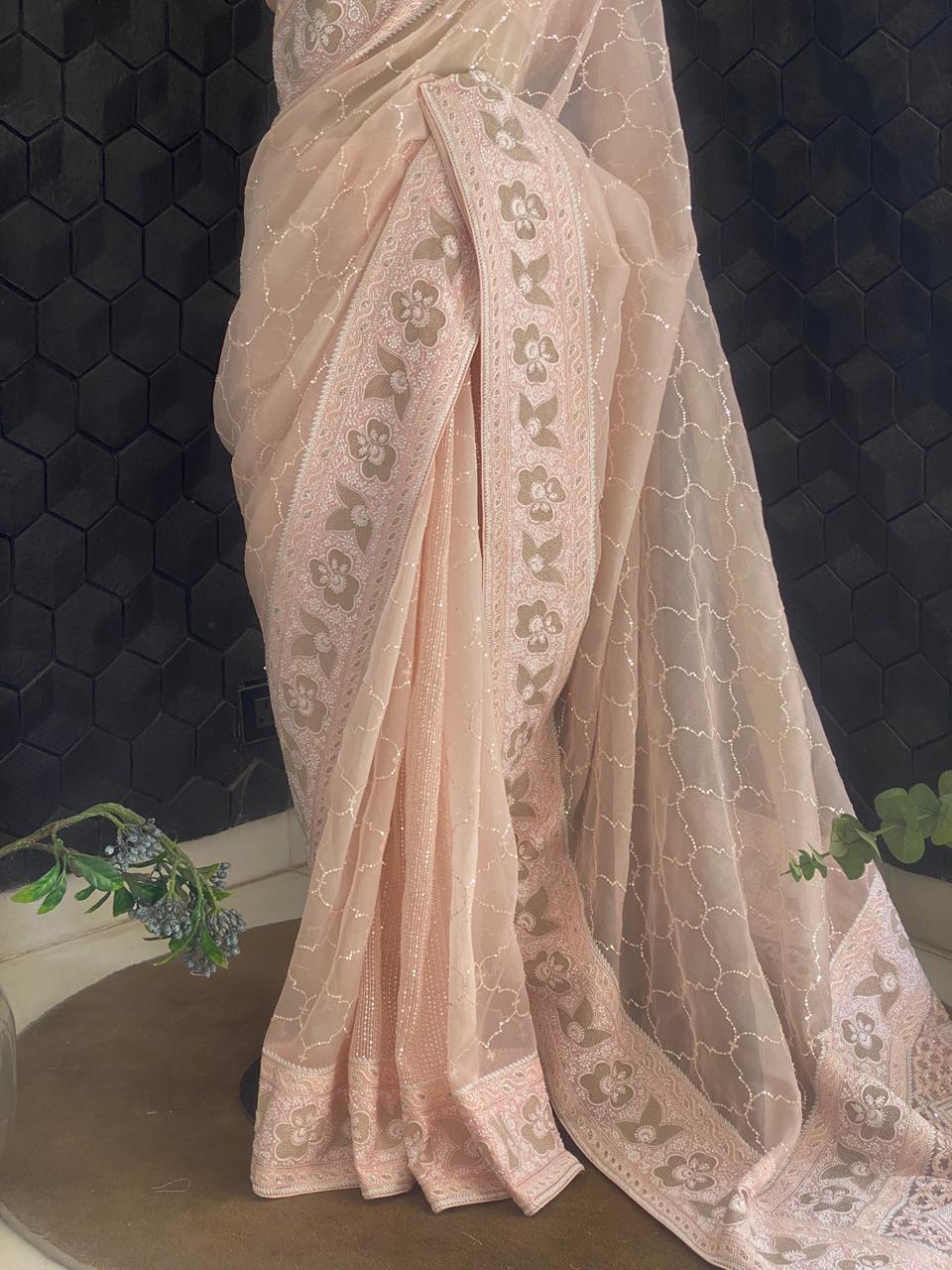 Pink Organza Chikankari Saree