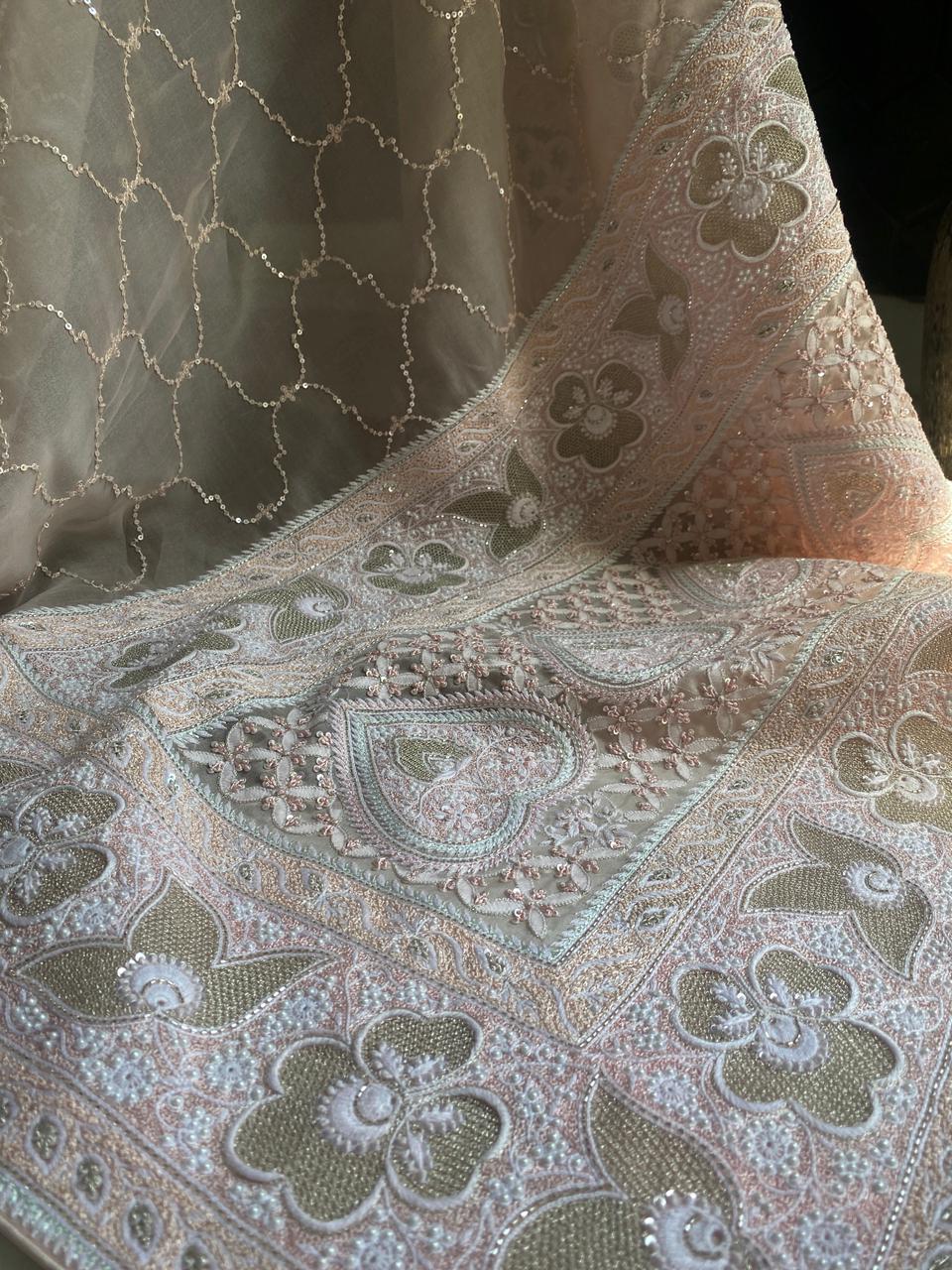 Pink Organza Chikankari Saree