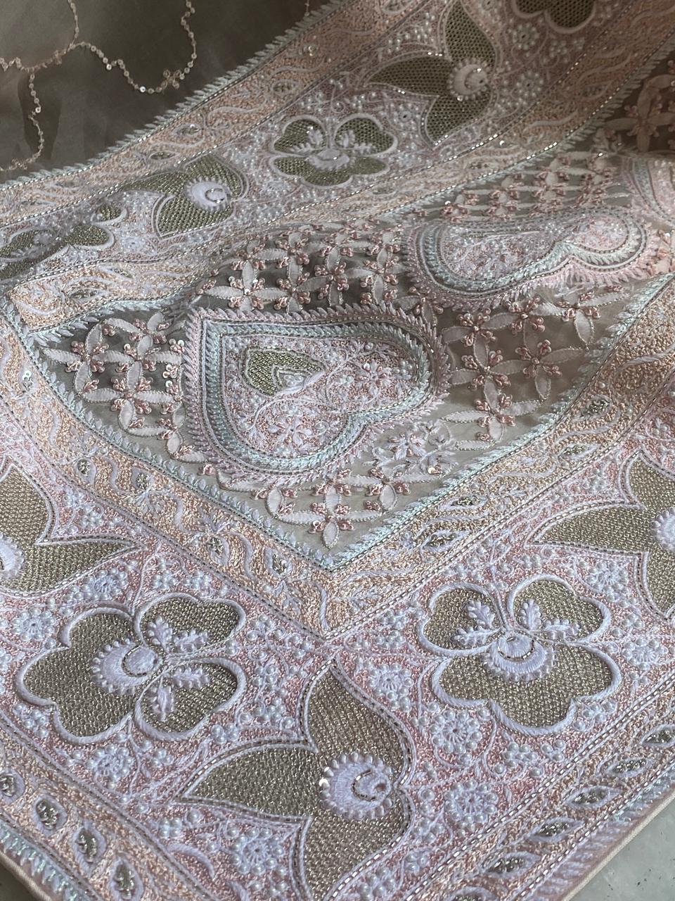 Pink Organza Chikankari Saree