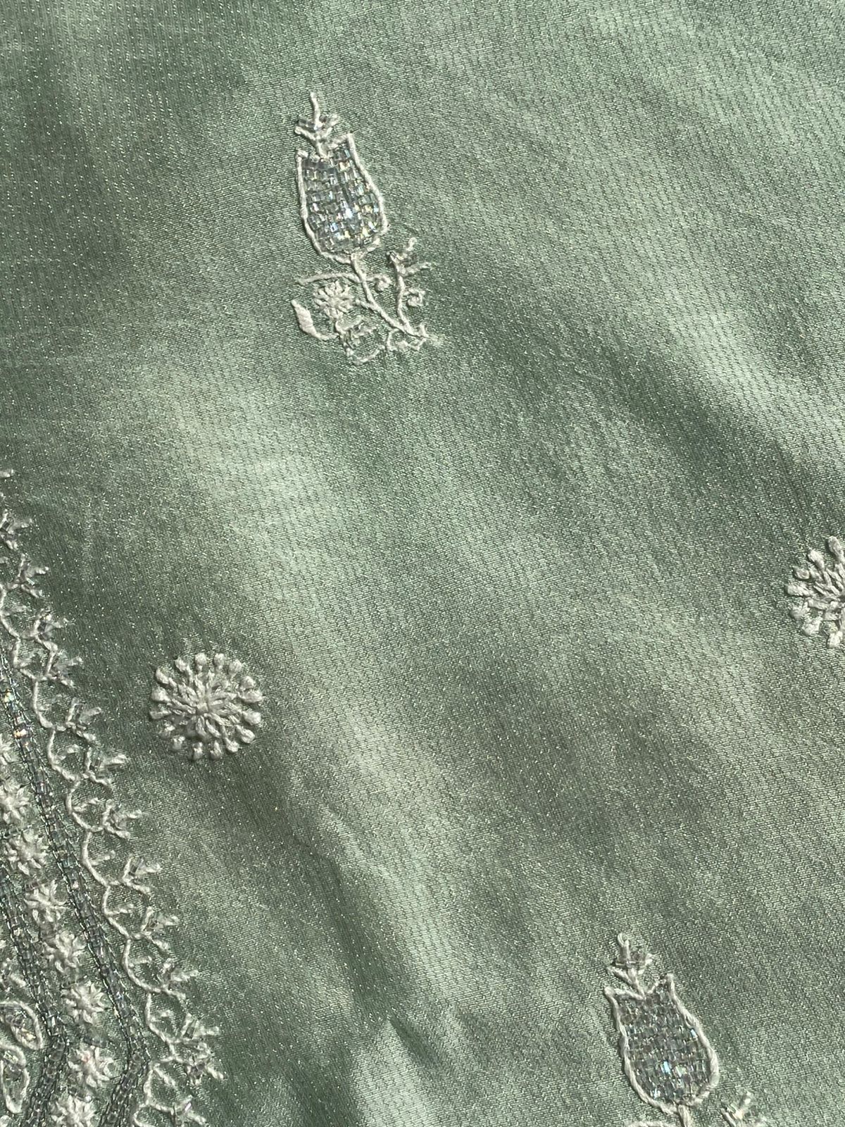 Green Silver Tissue Chikankari Mens Kurta