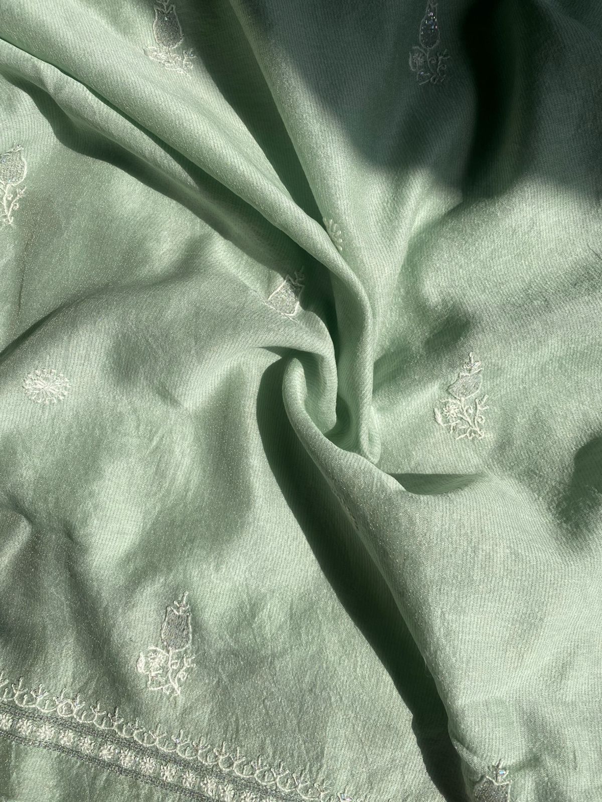 Green Silver Tissue Chikankari Mens Kurta