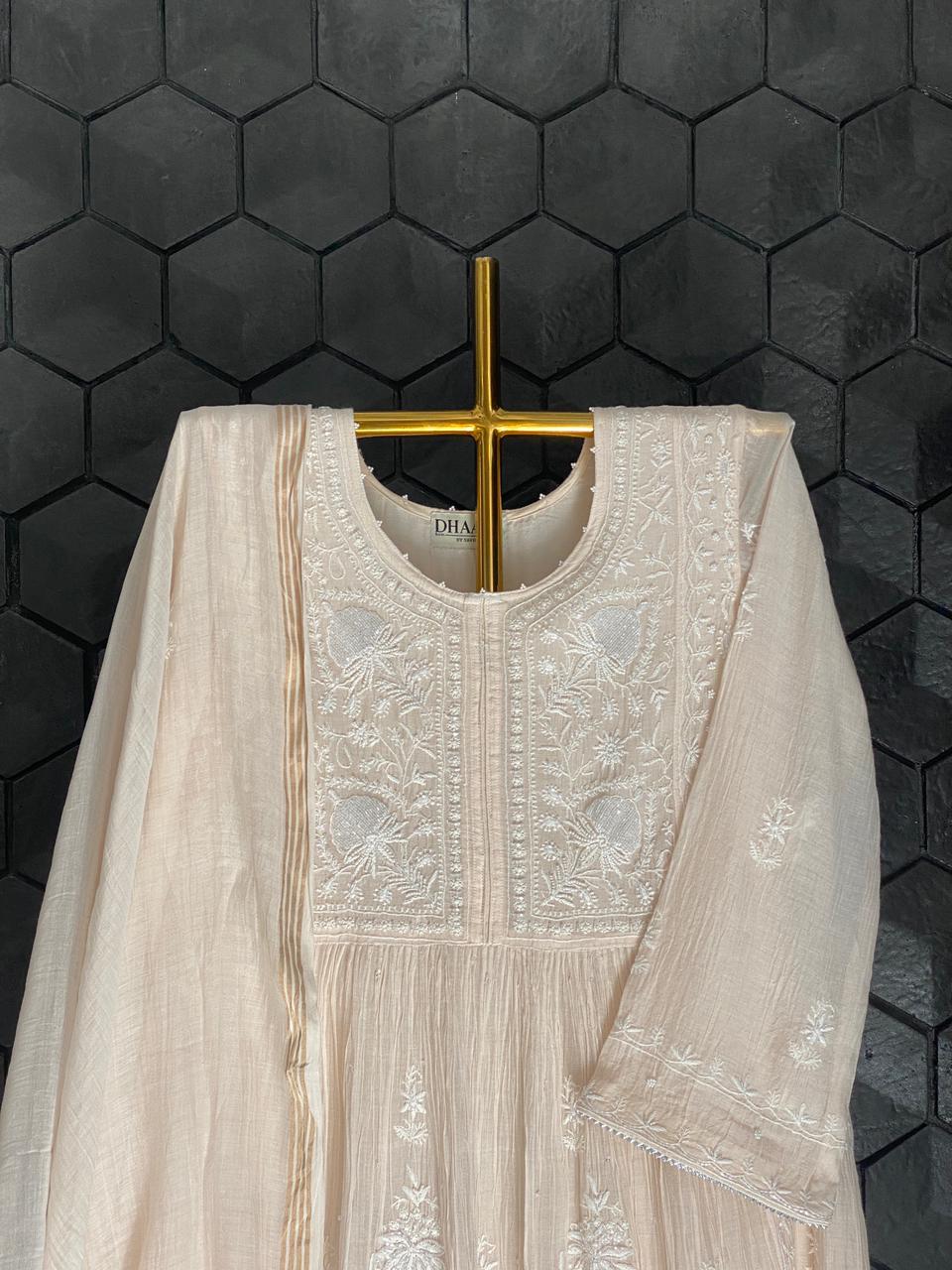 Pink Mul Chanderi Chikankari Front Tuck Kurta Set