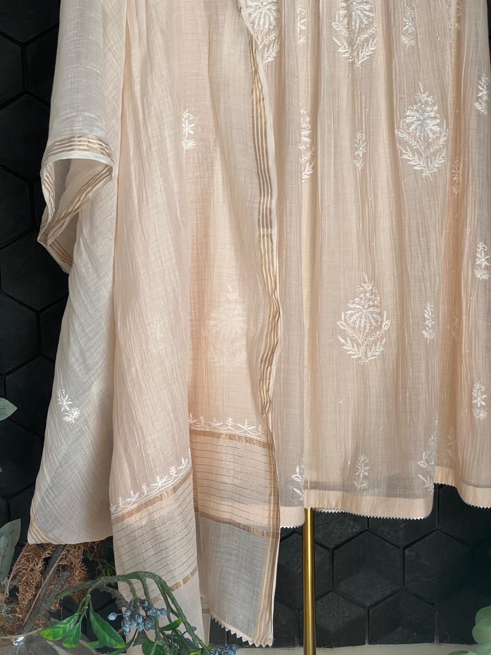 Pink Mul Chanderi Chikankari Front Tuck Kurta Set
