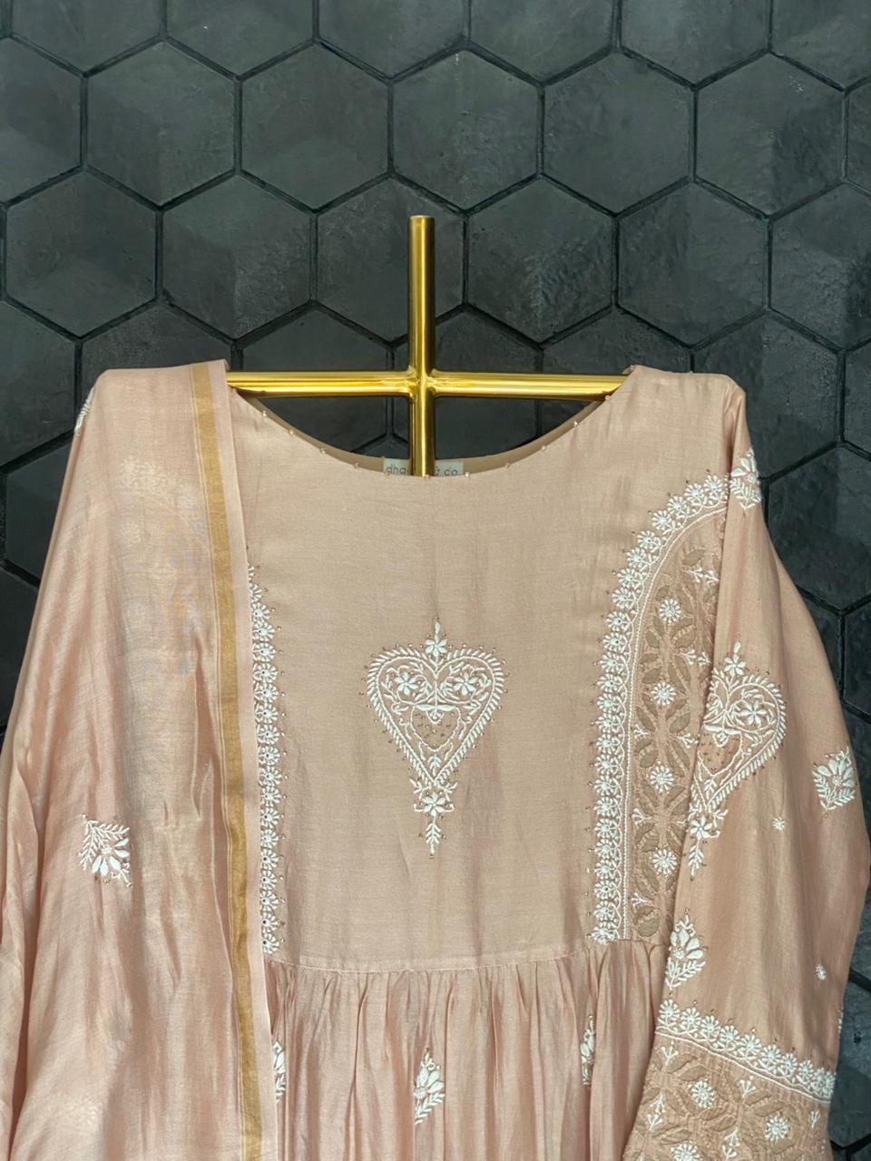 Brown chanderi chikankari anarkali set