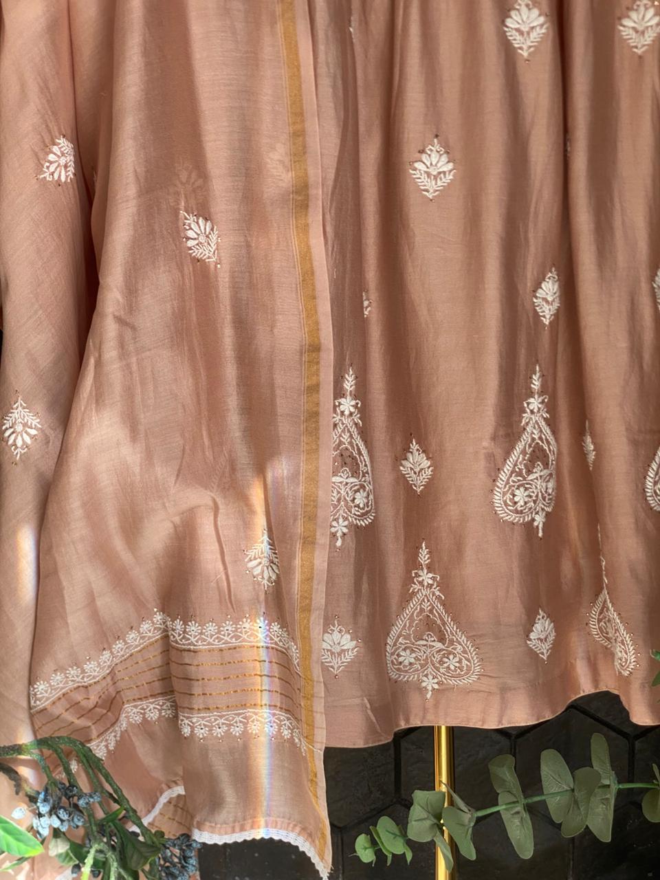 Brown chanderi chikankari anarkali set
