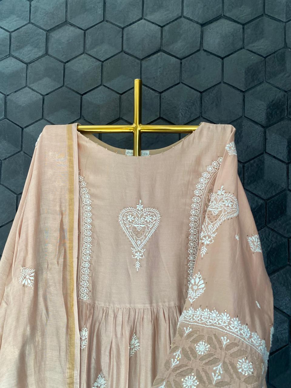 Brown chanderi chikankari anarkali set
