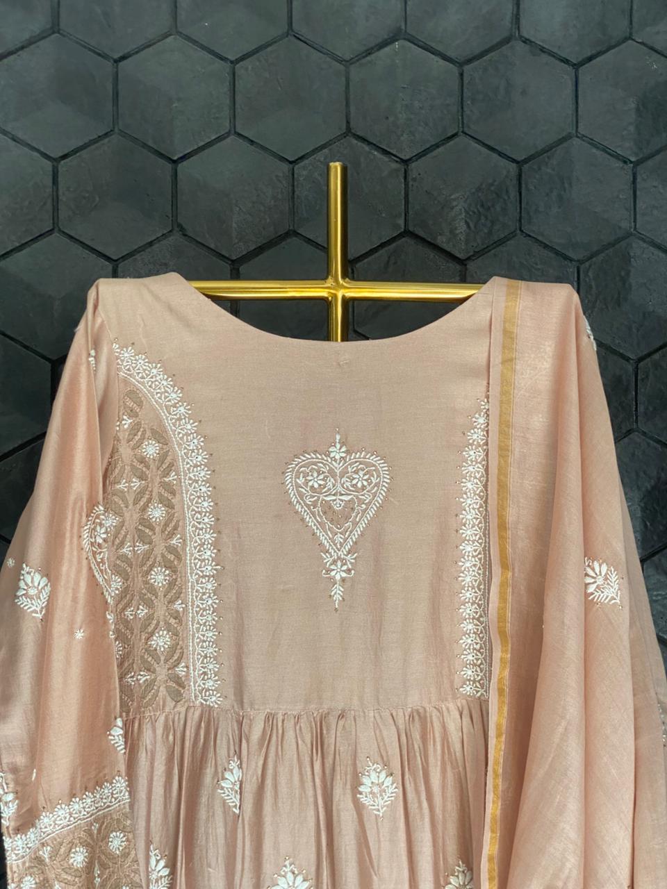 Brown chanderi chikankari anarkali set