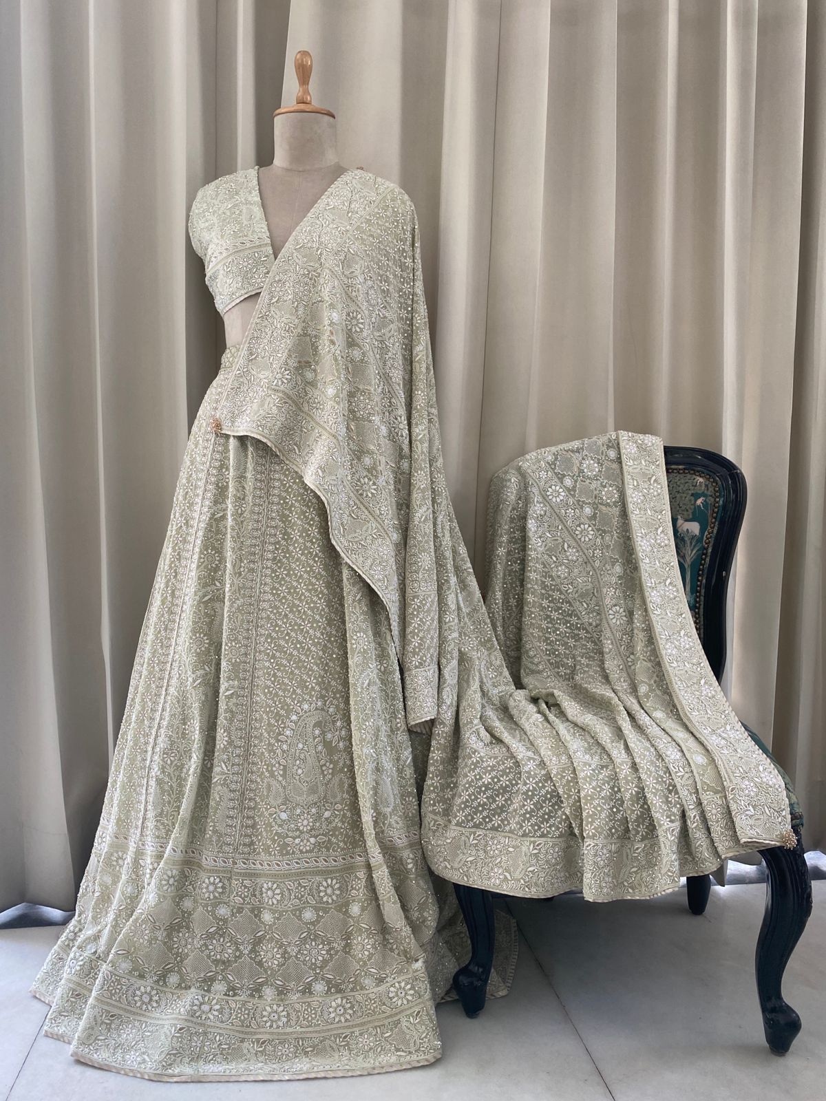 Sage Green Georgette Chikankari Lehenga Set with Sunflower Motifs