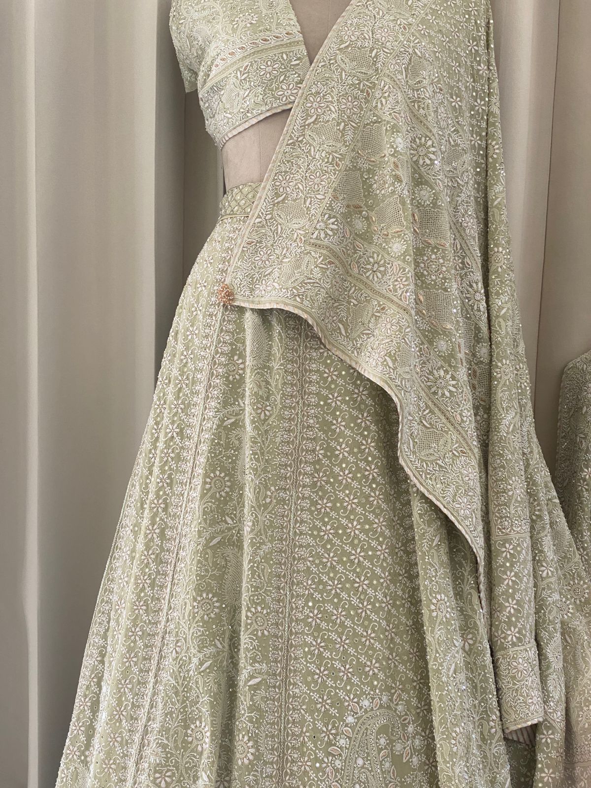 Sage Green Georgette Chikankari Lehenga Set with Sunflower Motifs