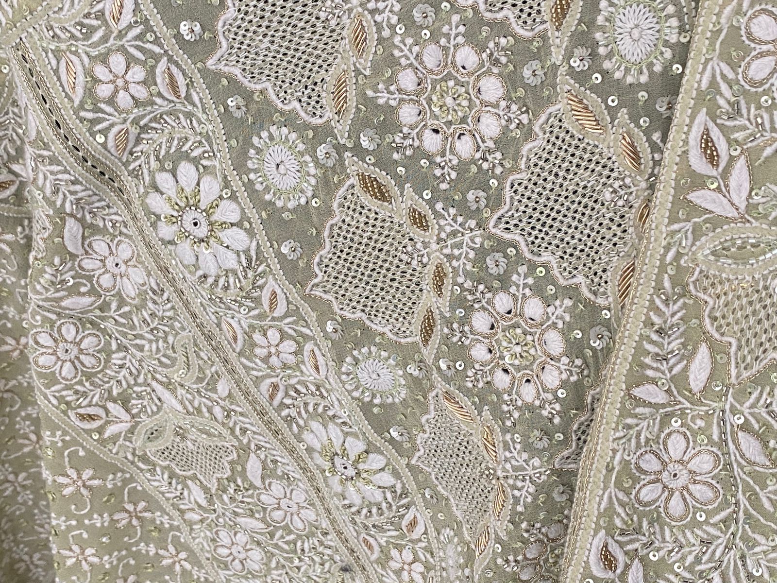 Sage Green Georgette Chikankari Lehenga Set with Sunflower Motifs