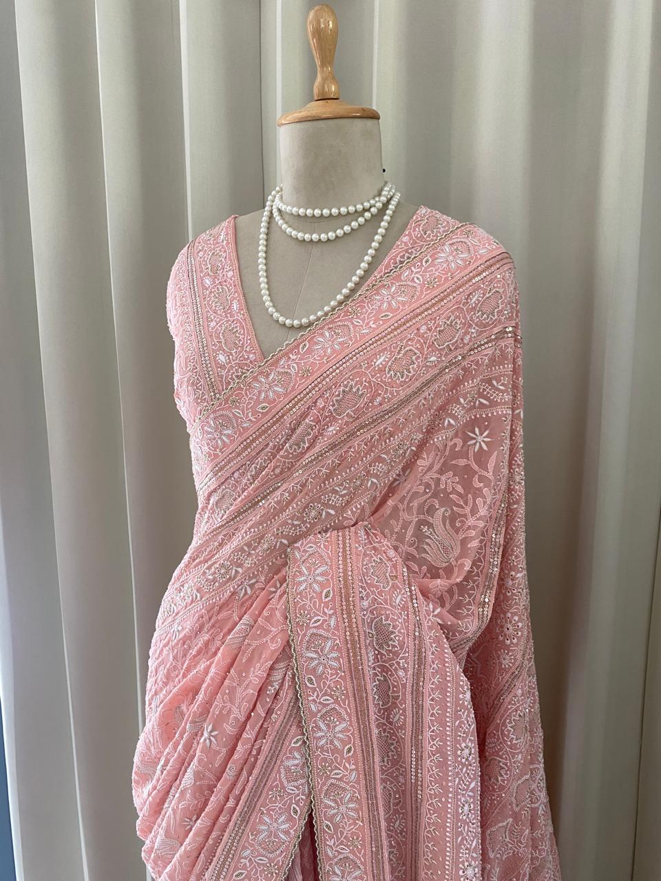 Pink Georgette Chikankari Saree with Lotus Motifs