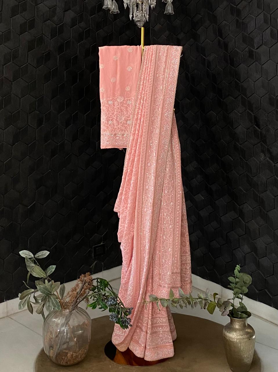 Pink Georgette Chikankari Saree with Lotus Motifs