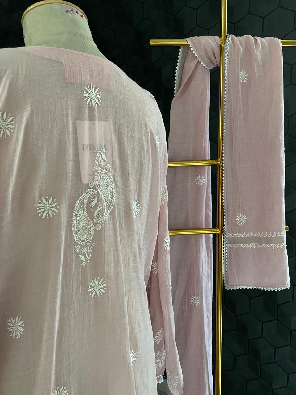 Pink Silver Tissue Chikankari Kurta Set