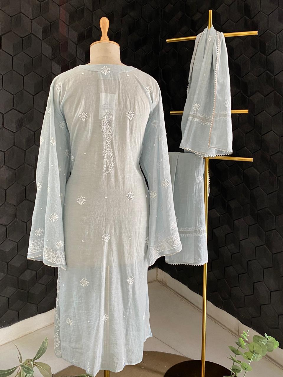 Powder Blue Tissue Chikankari Kurta Set