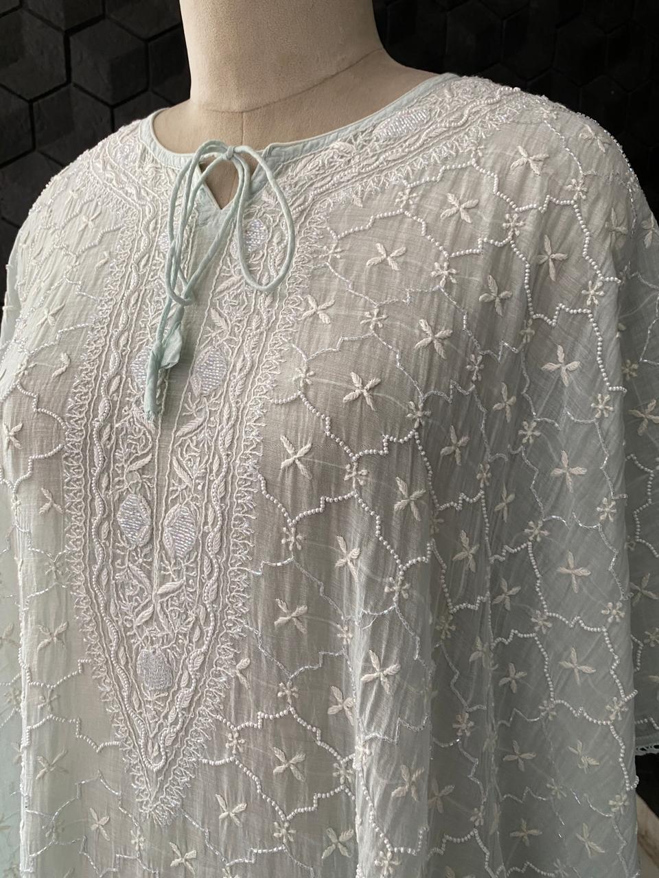 Sea Green Mul Chanderi Chikankari Kaftan