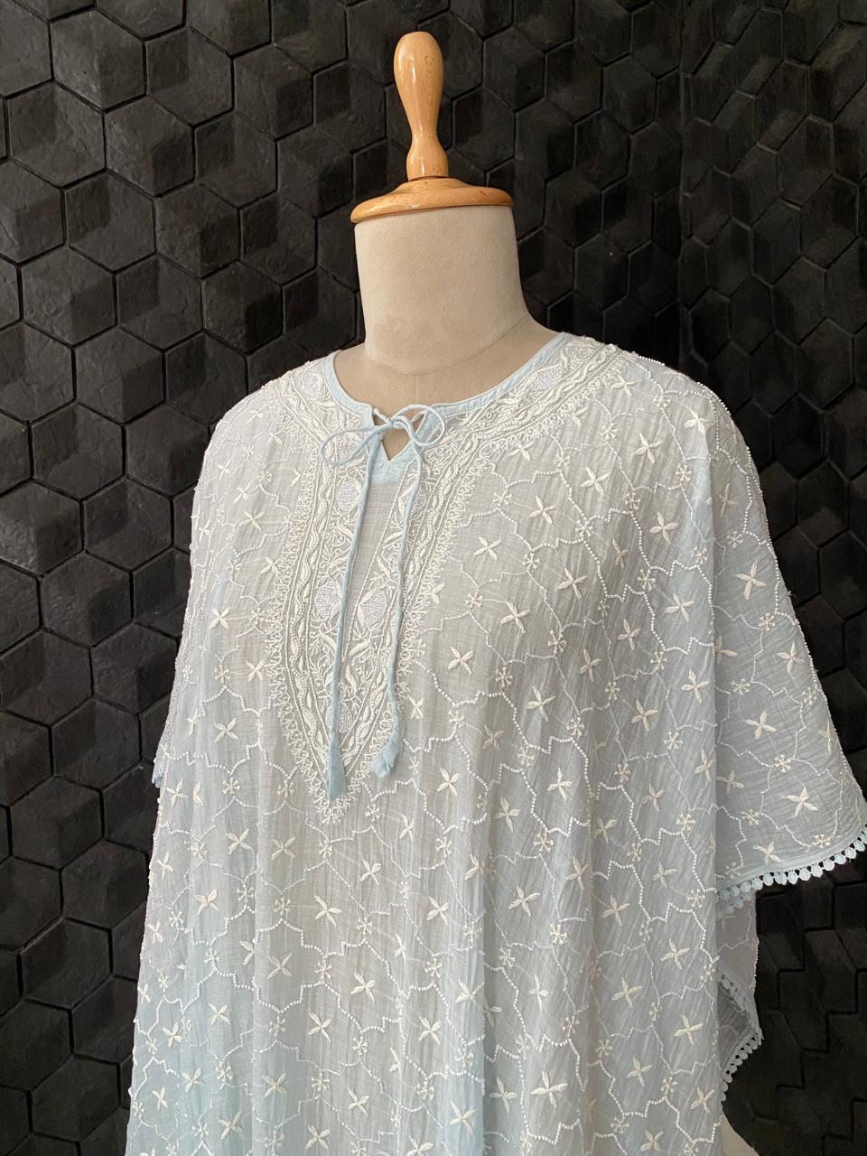 Sky Blue Mul Chanderi Chikankari Kaftan