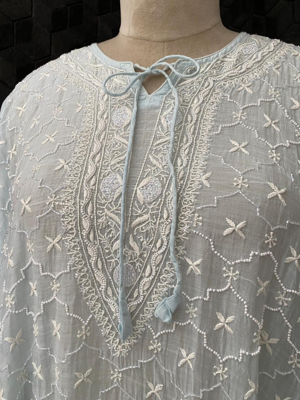 Sky Blue Mul Chanderi Chikankari Kaftan