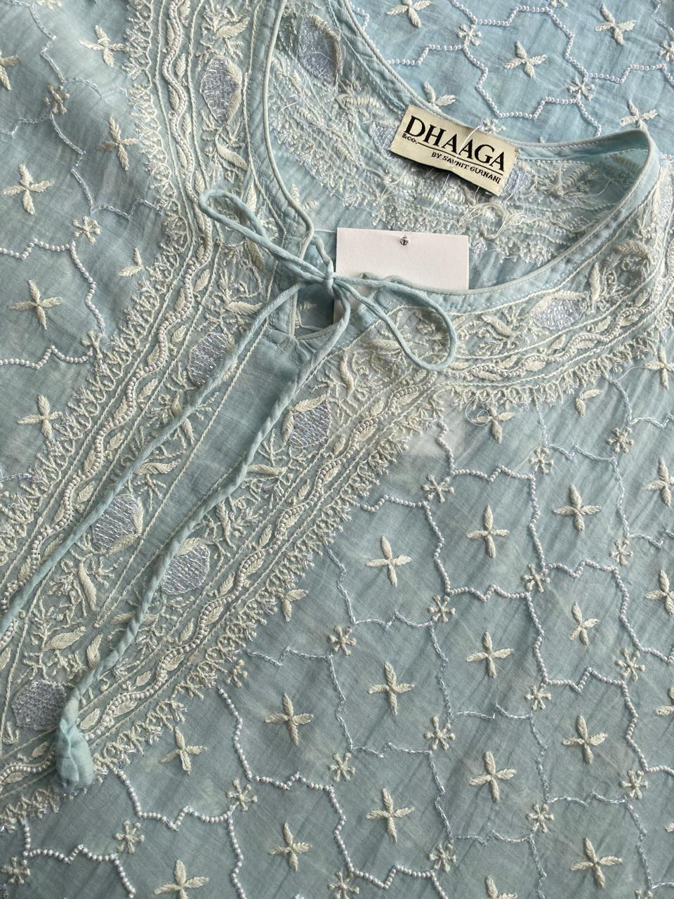 Sky Blue Mul Chanderi Chikankari Kaftan