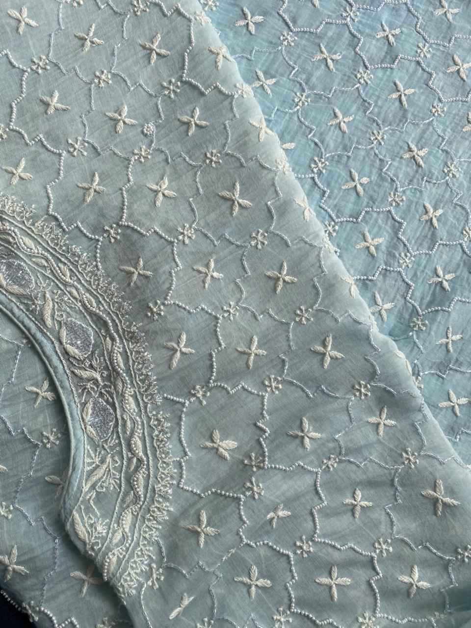 Sky Blue Mul Chanderi Chikankari Kaftan
