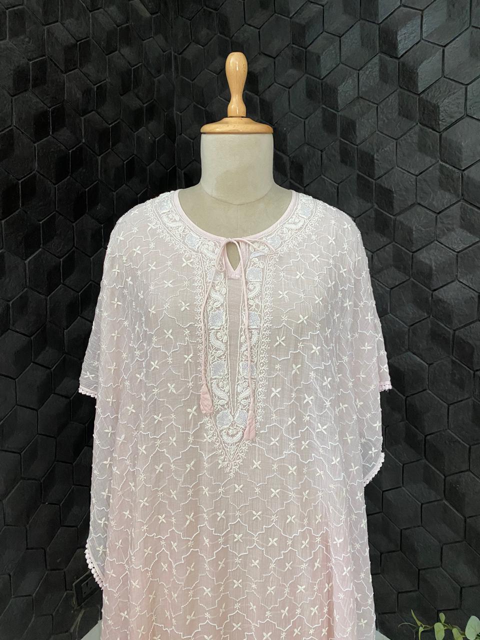 Blush Pink Mul Chanderi Chikankari Kaftan