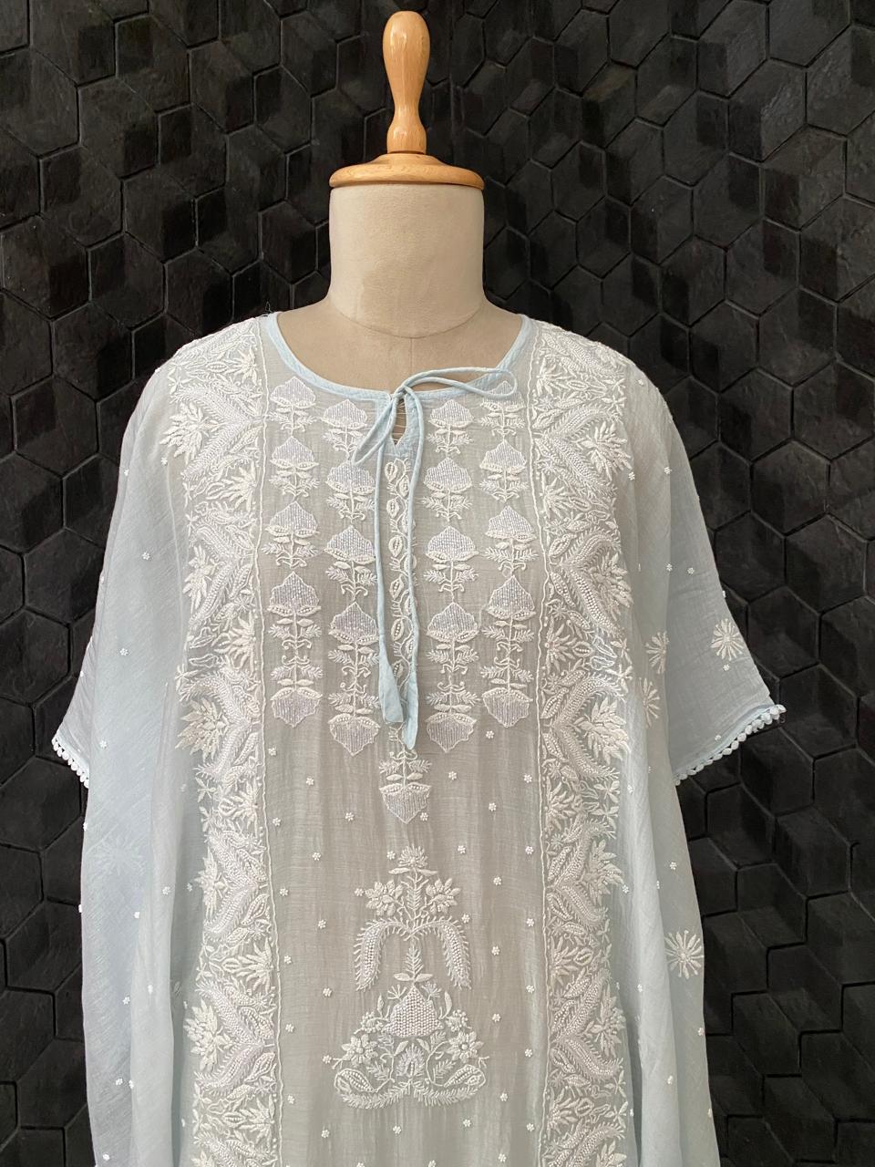 Sky Blue Mul Chanderi Chikankari Kaftan