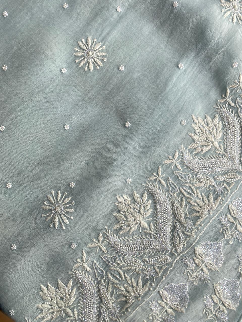 Sky Blue Mul Chanderi Chikankari Kaftan
