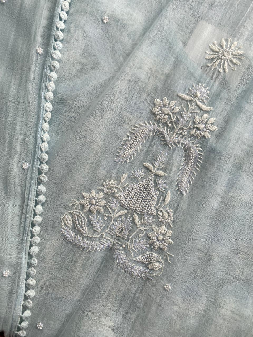 Sky Blue Mul Chanderi Chikankari Kaftan