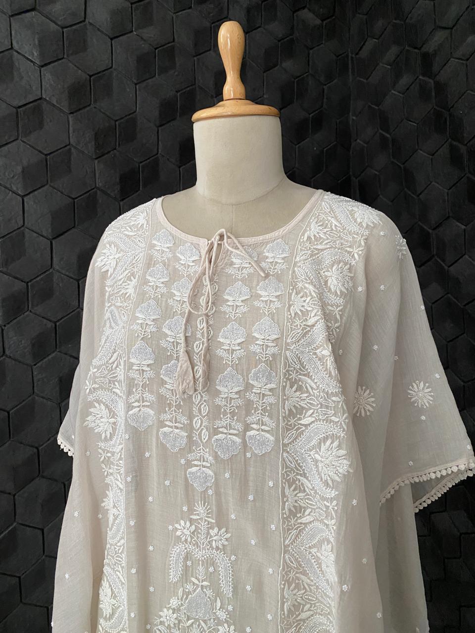 Sage Green Ombre Mul Chanderi Chikankari Kaftan