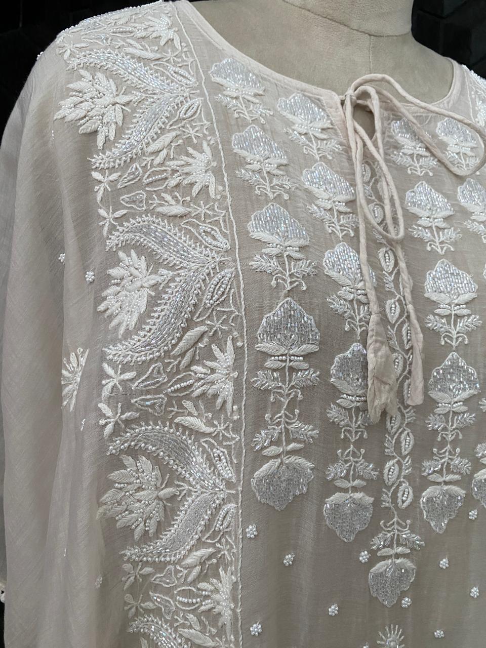 Sage Green Ombre Mul Chanderi Chikankari Kaftan