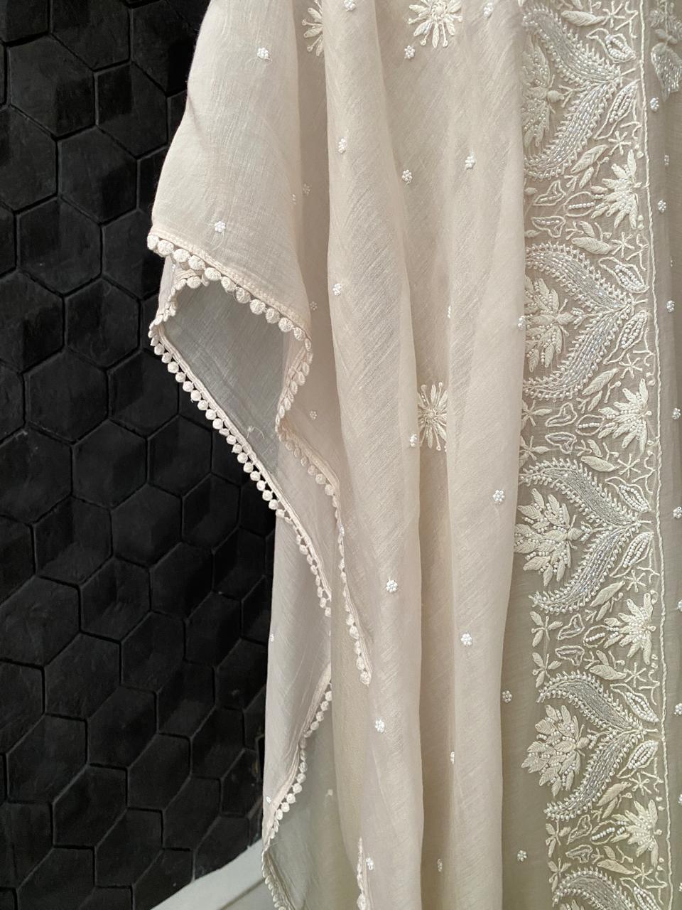 Sage Green Ombre Mul Chanderi Chikankari Kaftan