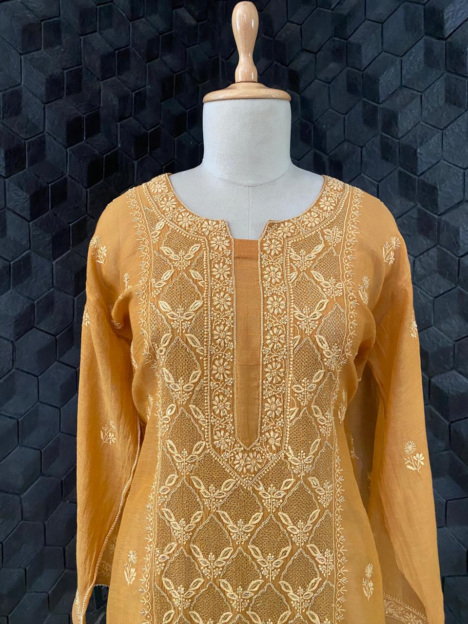 Mustard Yellow Tissue Chikankari Kurta Set with Cutdana