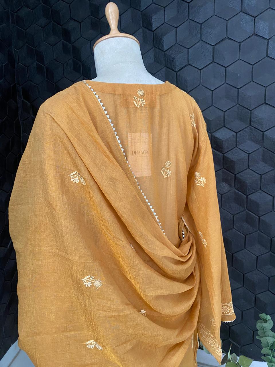 Mustard Yellow Tissue Chikankari Kurta Set with Cutdana
