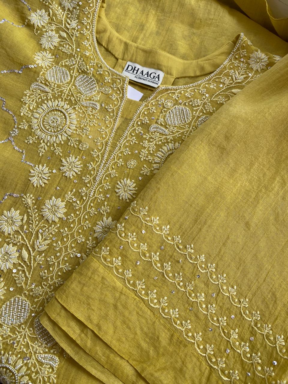 Yellow Silver Tissue Chikankari Co-ord set