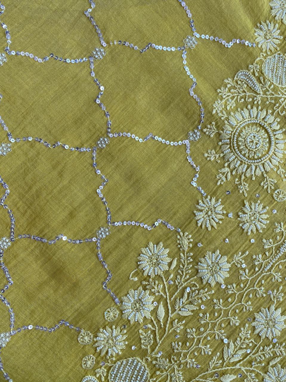 Yellow Silver Tissue Chikankari Co-ord set