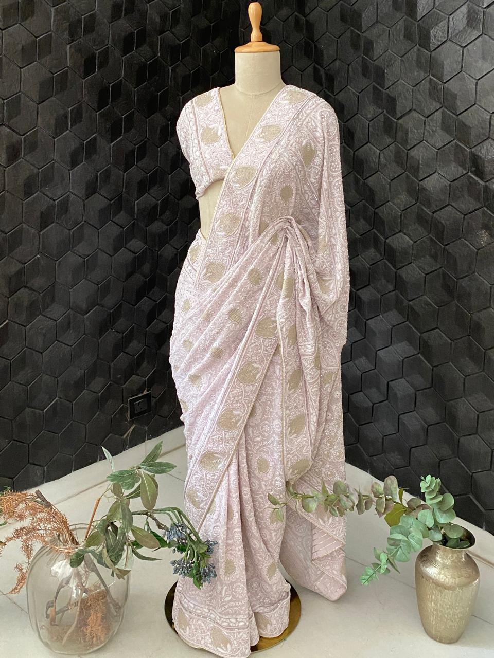 Lilac Georgette Chikankari Saree with Statement Paan Boota