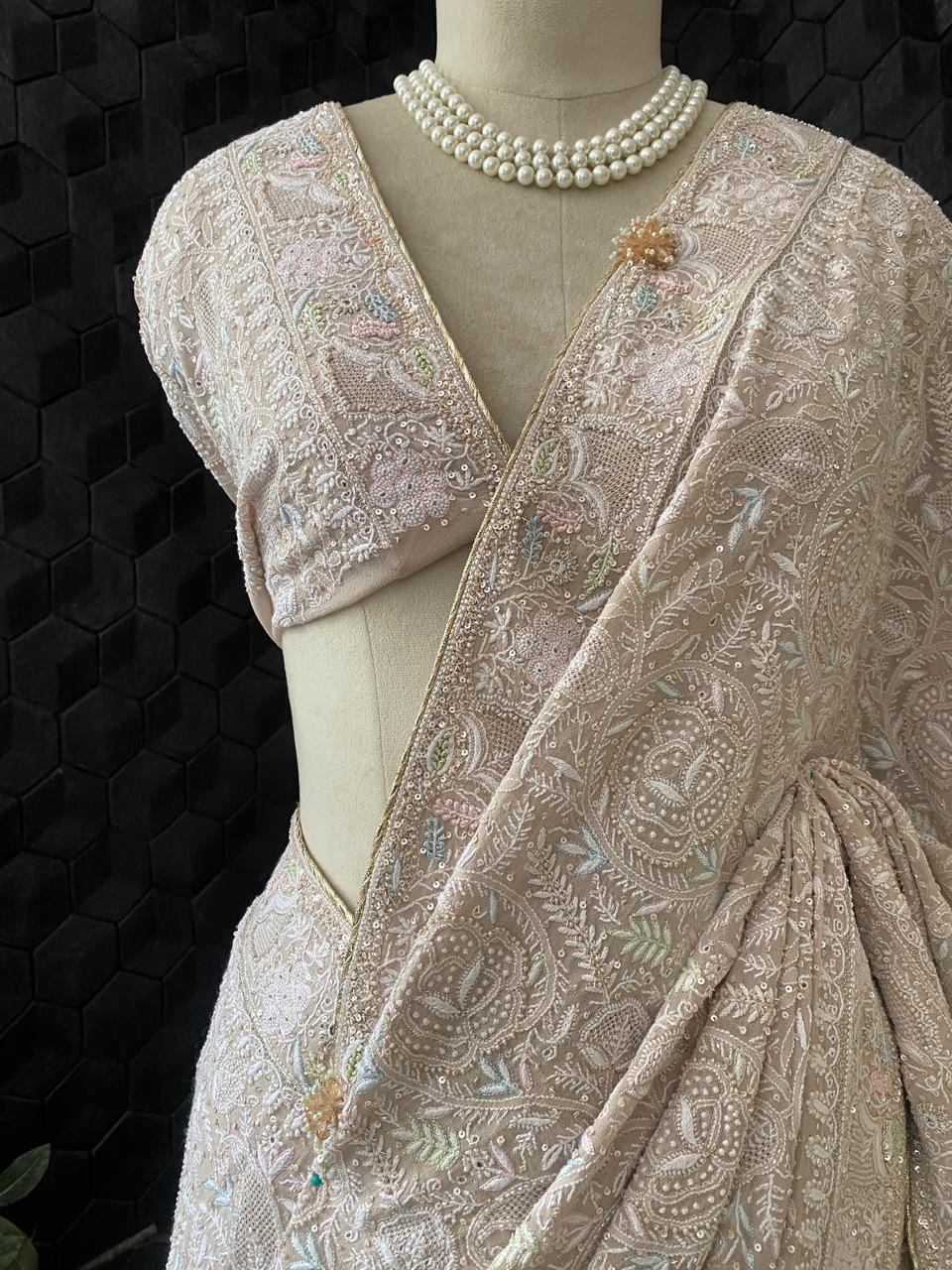 Beige Georgette with Multi Coloured Thread Chikankari Saree