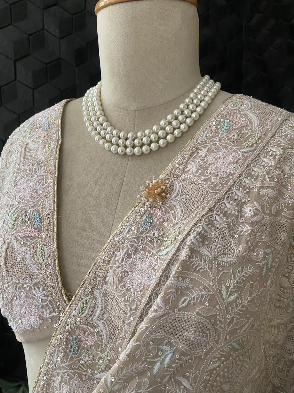 Beige Georgette with Multi Coloured Thread Chikankari Saree