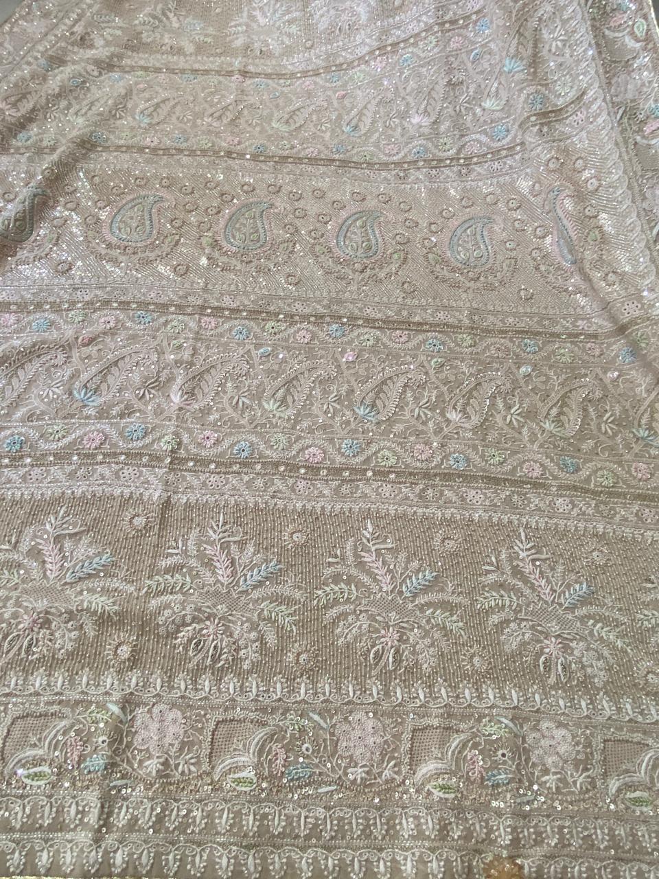 Beige Georgette with Multi Coloured Thread Chikankari Saree