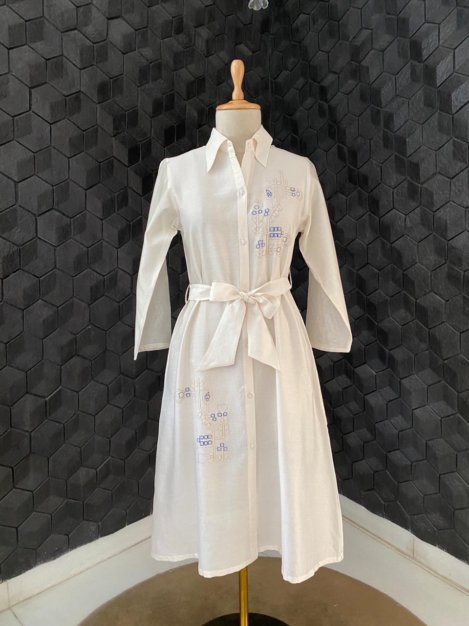 Chanderi Chikankari Shirt Dress with Contemporary Motifts