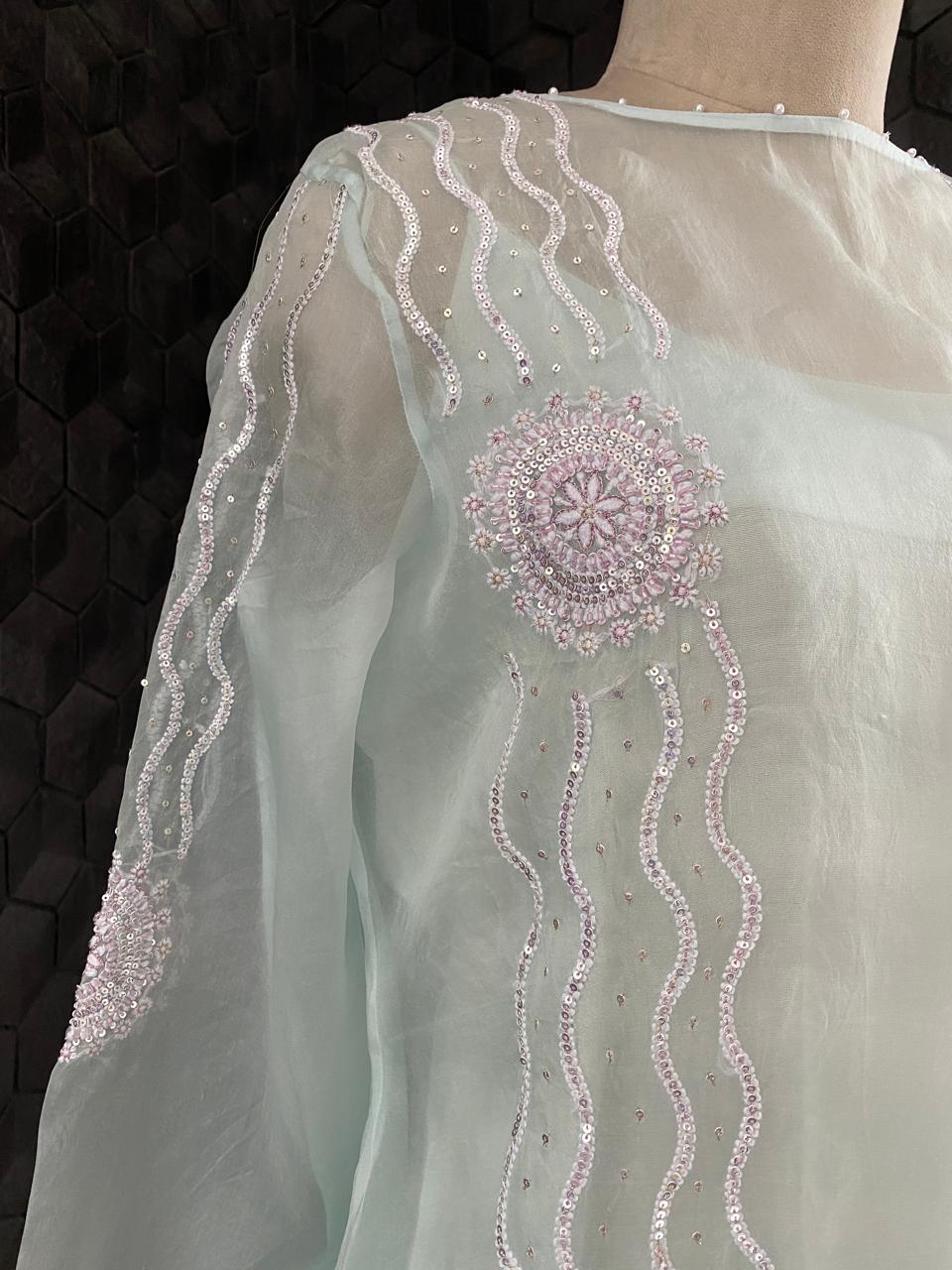 Sea Green Chikankari Long Kurta in Organza