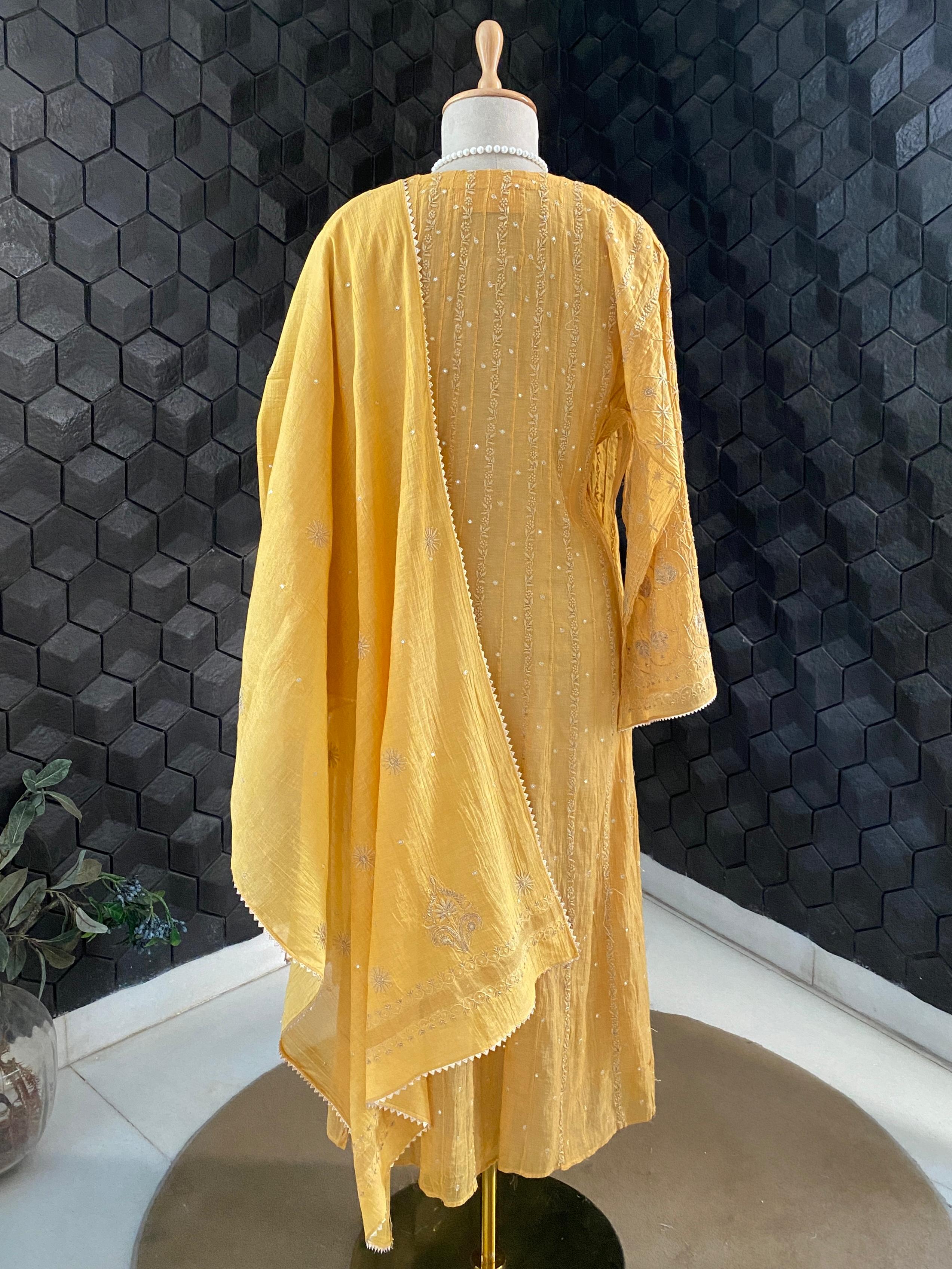 Mustard Yellow Golden Tissue Anarkali Suit
