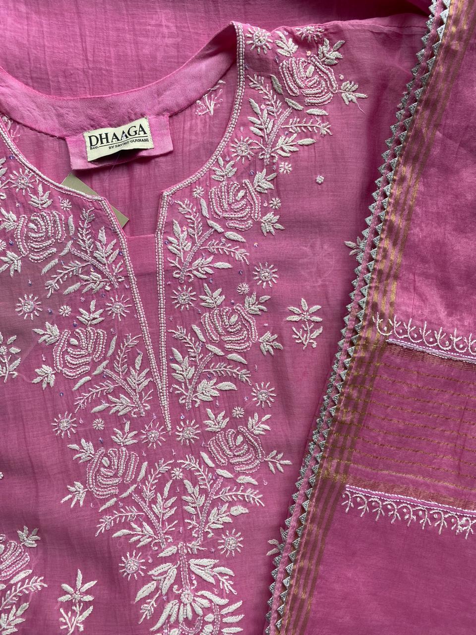 Bright Pink Mul Chanderi Chikankari Kurta Set