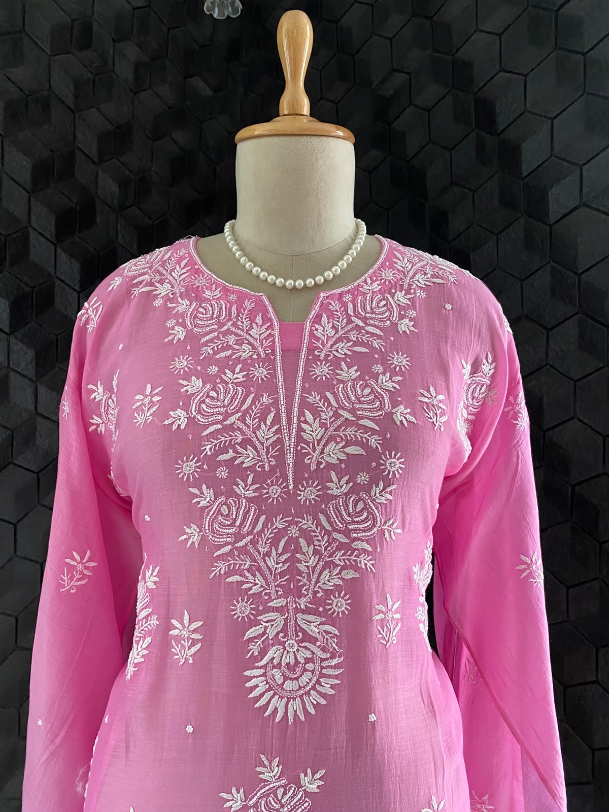 Bright Pink Mul Chanderi Chikankari Kurta Set