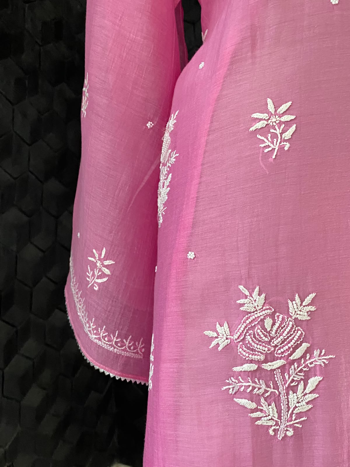 Bright Pink Mul Chanderi Chikankari Kurta Set