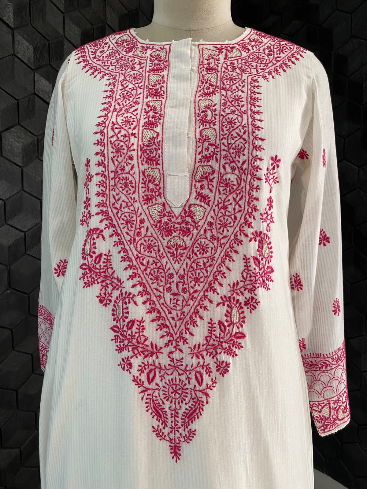 White Maheshwari Chikankari Anarkali set in Striped Chanderi