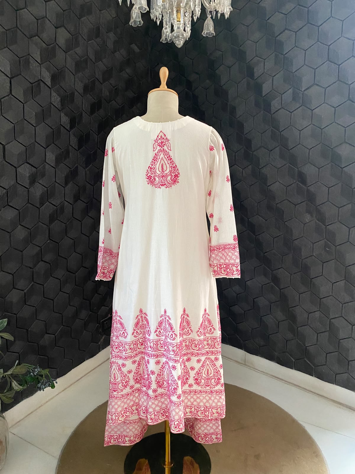 White Maheshwari Chikankari Anarkali set in Striped Chanderi