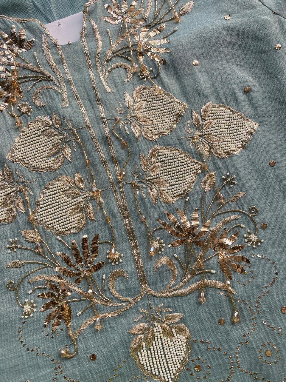 Teal Green Golden Tissue Mukaish and Kamdani Kurta Set