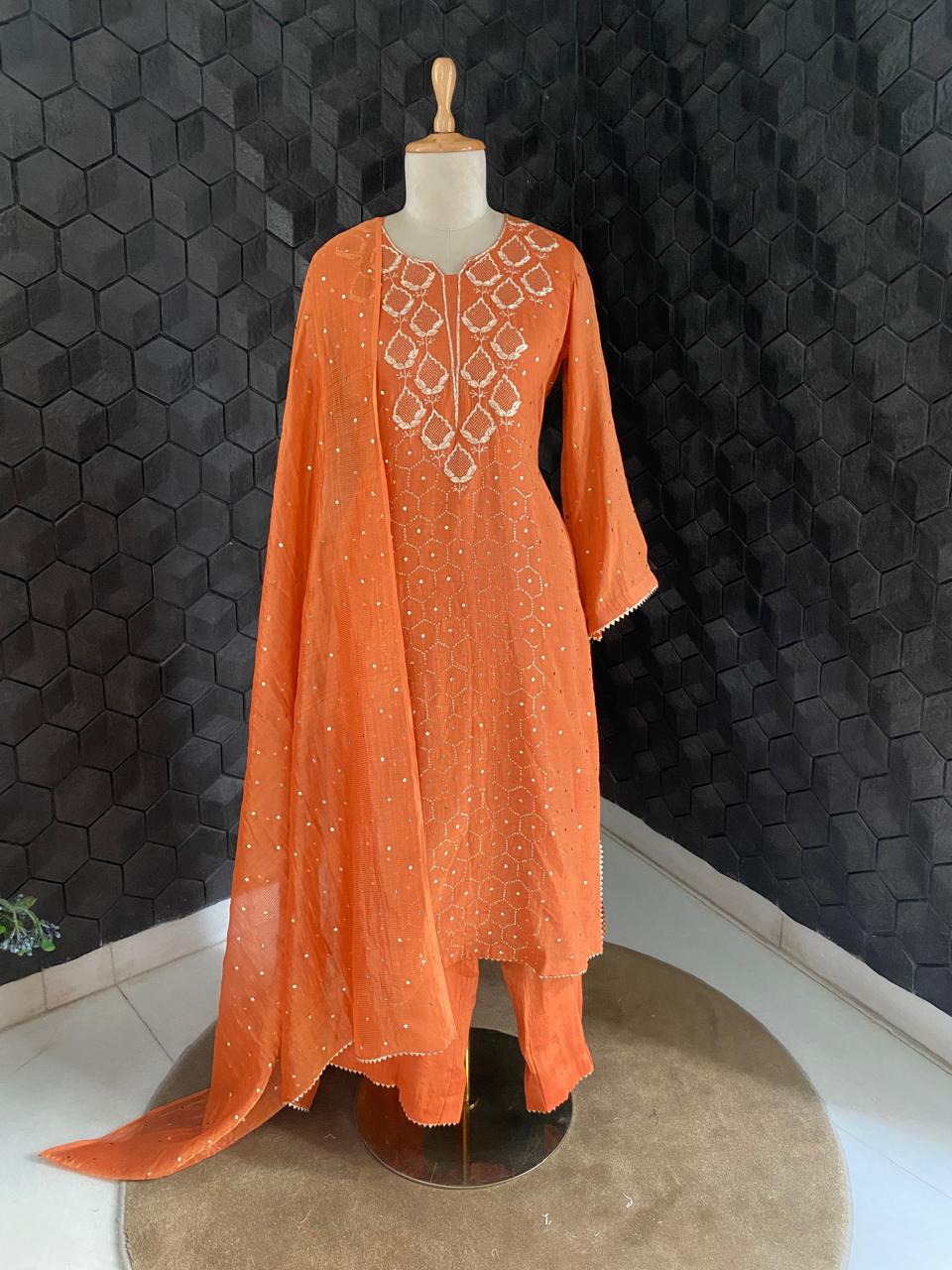 Burnt Orange Golden Tissue Mukaish and Kamdani Kurta Set