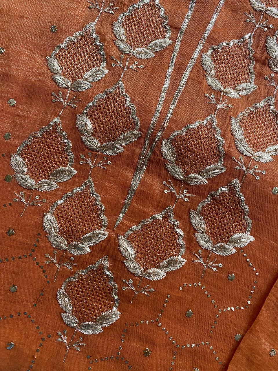 Burnt Orange Golden Tissue Mukaish and Kamdani Kurta Set