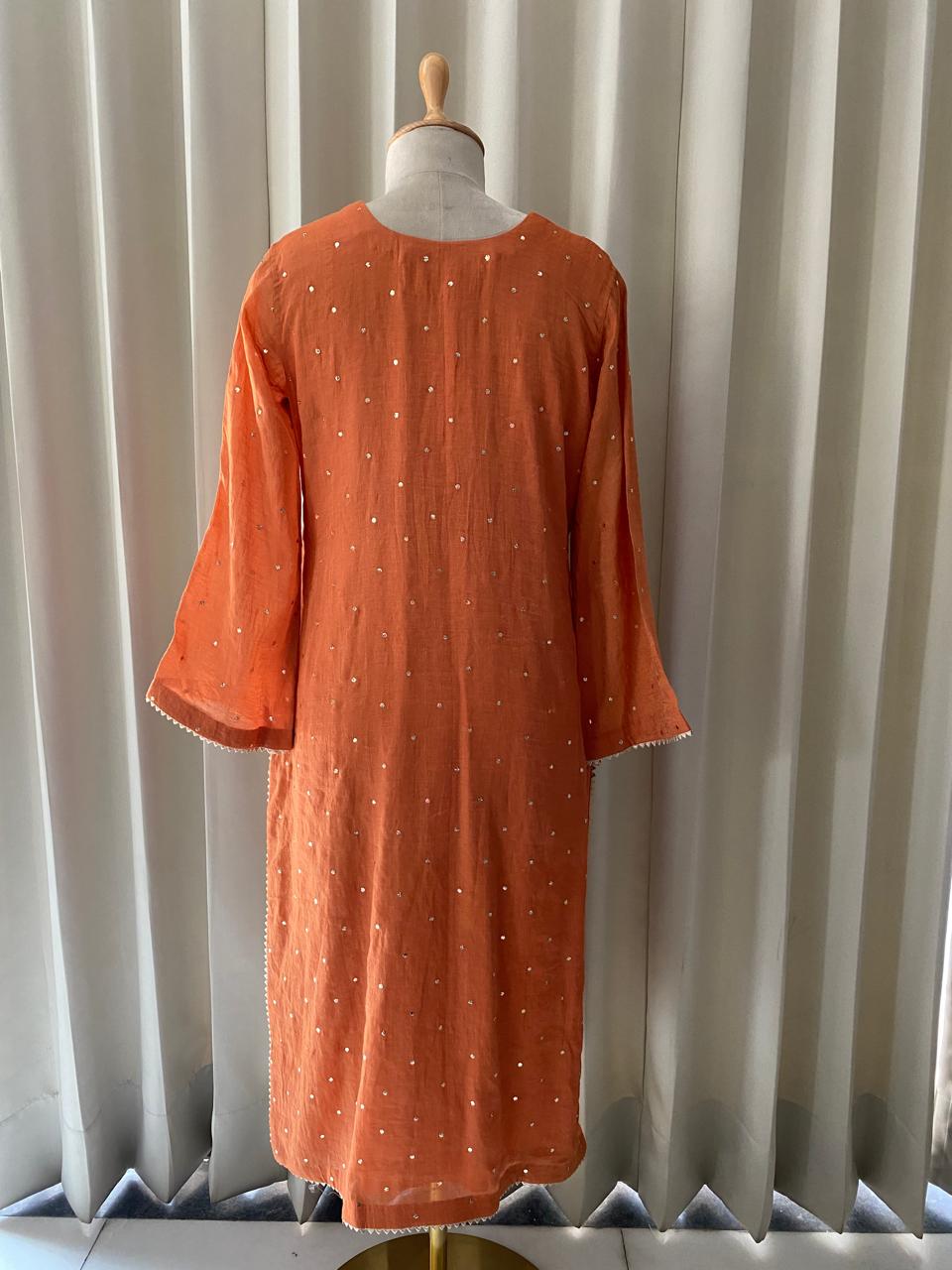 Burnt Orange Golden Tissue Mukaish and Kamdani Kurta Set